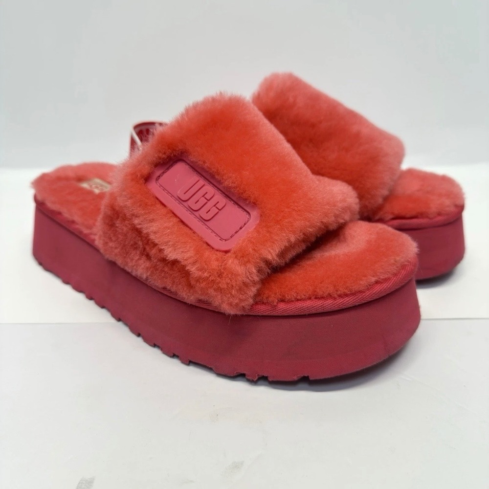 UGG Disco Slide Womens 9 Platform Sheepskin Slipper Pink Logo Elastic Strap